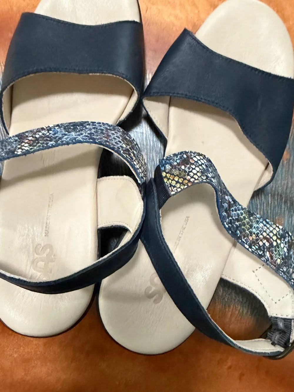 SAS Navy Wedge Sandals with Metallic Patterned Strap size 8